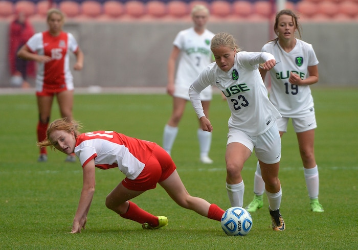 (Scott Sommerdorf   |  The Salt Lake Tribune)   Syracuse's Abbie Riley takes the ball from American Fork's Rachel McCarthy during second half play. American Fork beat Syracuse 3-1 to win the 6A championship game played at Rio Tinto, Friday, October 20, 2017. 