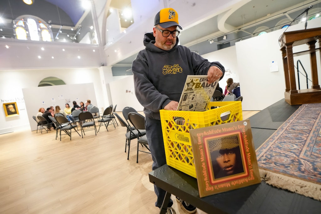 (Francisco Kjolseth | The Salt Lake Tribune) Sam Cannon, of 3hive Record Lounge in Provo, shows up with a crate of albums for a monthly album club at the Salt Lake Art Museum in April. Cannon is trying to start a radio station in Utah County.
