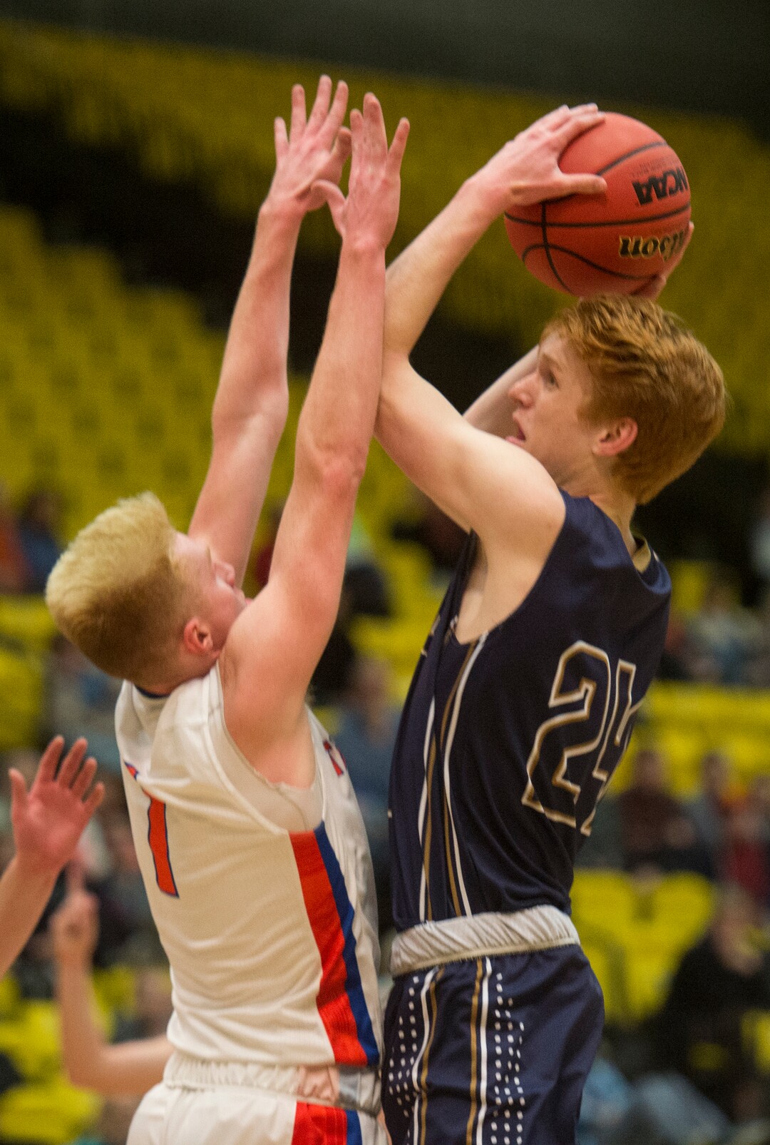 (Rick Egan  |  The Salt Lake Tribune)  Timpview Thunderbirds Hunter Erickson (1) is called for a personal foul as he guards Skyline Eagles Andrew Clark (24), in 5A basketball playoff action between the Timpview Thunderbirds and at the Skyline Eagles, at the UCCU Center in Orem, Monday, Feb. 26, 2018.
