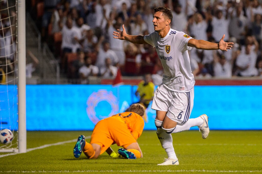 (Trent Nelson | The Salt Lake Tribune)Real Salt Lake midfielder Damir Kreilach (6) scores at the end of the first half as Real Salt Lake hosts Chicago Fire, MLS soccer at Rio Tinto Stadium in Sandy, Saturday Aug. 4, 2018.