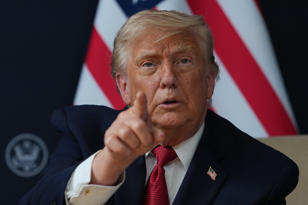U.S. President Donald Trump gestures during the G7 summit, Wednesday, June 17, 2026, in Evian-les-Bains, France. (AP Photo/Julia Demaree Nikhinson)