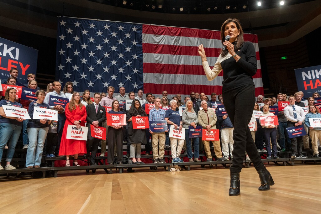 (Rick Egan | The Salt Lake Tribune)  Nikki Haley speaks to supporters during a rally at The Noorda Center for the Performing Arts at Utah Valley University in Orem, on Wednesday, Feb. 28, 2024.
