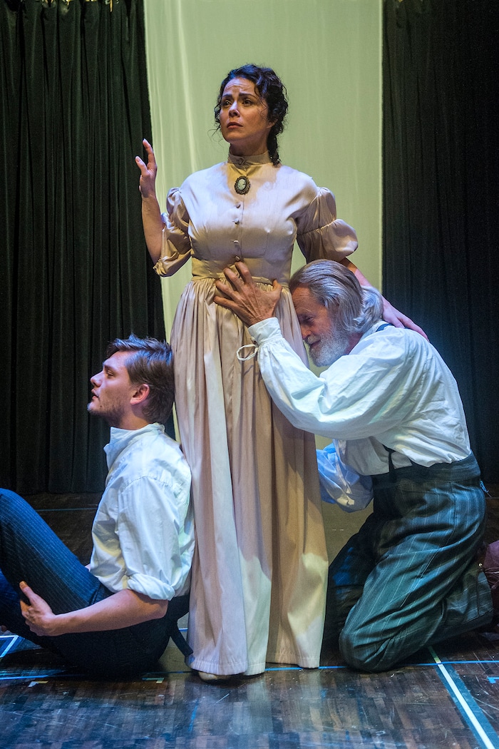 (Chris Detrick | The Salt Lake Tribune) Melanie Nelson 'Abbie Putnam,' Bob Nelson 'Ephraim Cabot' and Topher Rasmussen 'Eben Cabot,' act out a scene of "Desire Under the Elms" during a rehearsal at the The Waterford School Black Box on Tuesday, Aug. 22, 2017. The rare local production of “Desire,” by Tanner’s Sting & Honey Company, opens Sept. 1, the first theater performance at the new Regent Street Black Box at downtown’s Eccles Theater.