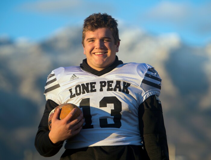 (Rick Egan  |  The Salt Lake Tribune)   Lone Peak fullback Masen Wake, at practice, Tuesday, November 7, 2017.