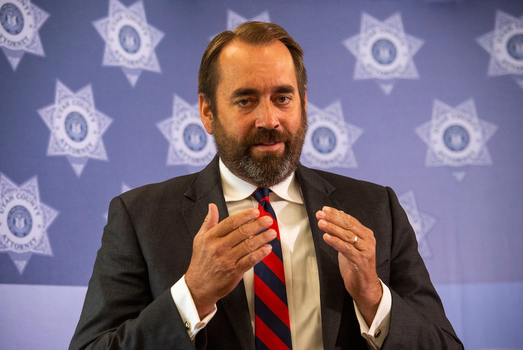 (Rick Egan  |  The Salt Lake Tribune) Utah County Attorney David Leavitt, announced Friday that he will run for attorney general. He is pictured here during a news conference in Provo, Wednesday, July 31, 2019.