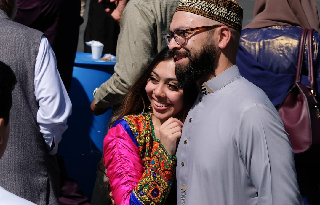 (Francisco Kjolseth  |  The Salt Lake Tribune)  Sheraz Nawaz, left, poses for a photograph with Khadija Nawaz as members of the Khadeeja Islamic Center in West Valley City mark the end of Ramadan, a 30 day period of fasting and spiritual growth on Wed. June 5, 2019. It's the biggest religious holiday of the year for Muslims as hundreds from the Wasatch Front gather for the  Eid the Òfestival of the breaking of the fast.Ó