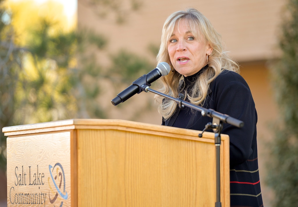 (Chris Samuels | The Salt Lake Tribune) Salt Lake Community College president Deneece Huftalin speaks during a ceremony marking the donation and naming of the Gail Miller School of Business at SLCC in Taylorsville, Thursday, Oct. 20, 2022.