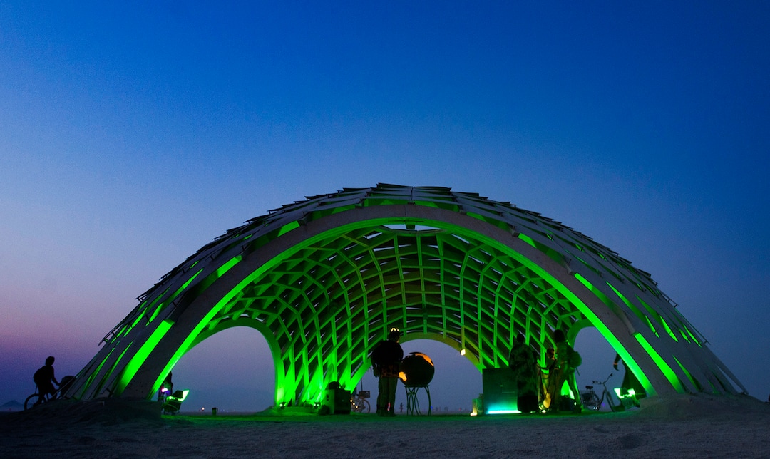 (Rick Egan  |  The Salt Lake Tribune) The The Cosmic Connection by George Neil and the Quark Collective, glows in the evening, during Burning Man.  Thursday, August 31, 2017.