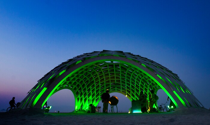 (Rick Egan  |  The Salt Lake Tribune) The The Cosmic Connection by George Neil and the Quark Collective, glows in the evening, during Burning Man.  Thursday, August 31, 2017.