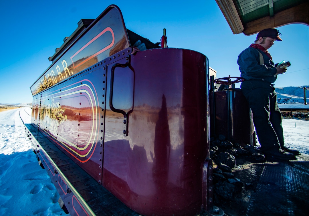 (Rick Egan | The Salt Lake Tribune) Locomotive Engineer, Tom Brown takes a break between demonstrations, on the 119 Steam Engine, at the Golden Spike National Historical Park, on Tuesday, Dec. 29, 2020.
