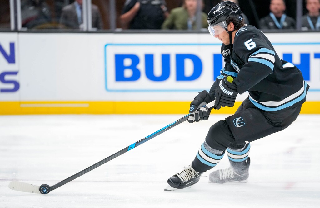 (Francisco Kjolseth | The Salt Lake Tribune) Utah Mammoth defenseman John Marino (6) as the Utah Mammoth host the Colorado Avalanche, NHL hockey in Salt Lake City on Tuesday Oct. 21, 2025.