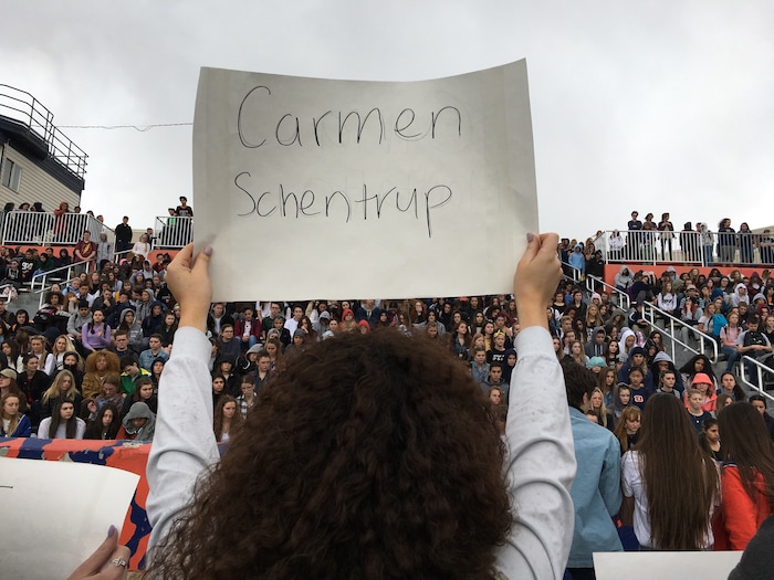(Scott Sommerdorf  |  The Salt Lake Tribune) Students at Brighton High School in Cottonwood Heights hold cards with the names of those killed during a school shooting in  Parkland, Fla., as they participate in a nationwide demonstration for better gun safety laws on March 14, 2018.