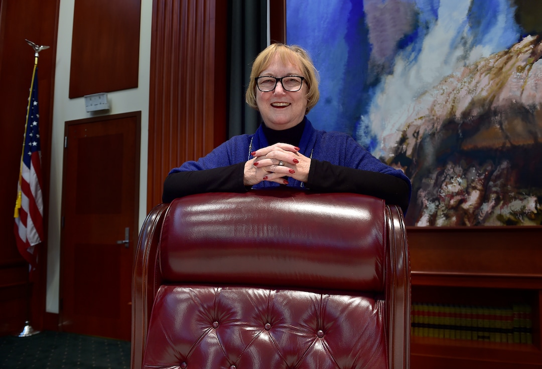 (Scott Sommerdorf   |  The Salt Lake Tribune)   Justice Justice Christine Durham is retiring after 35 years on the Utah Supreme Court. She poses for a photo leaning on the chair she most recently used during her time on Utah's highest court, Thursday, November 16, 2017. 
