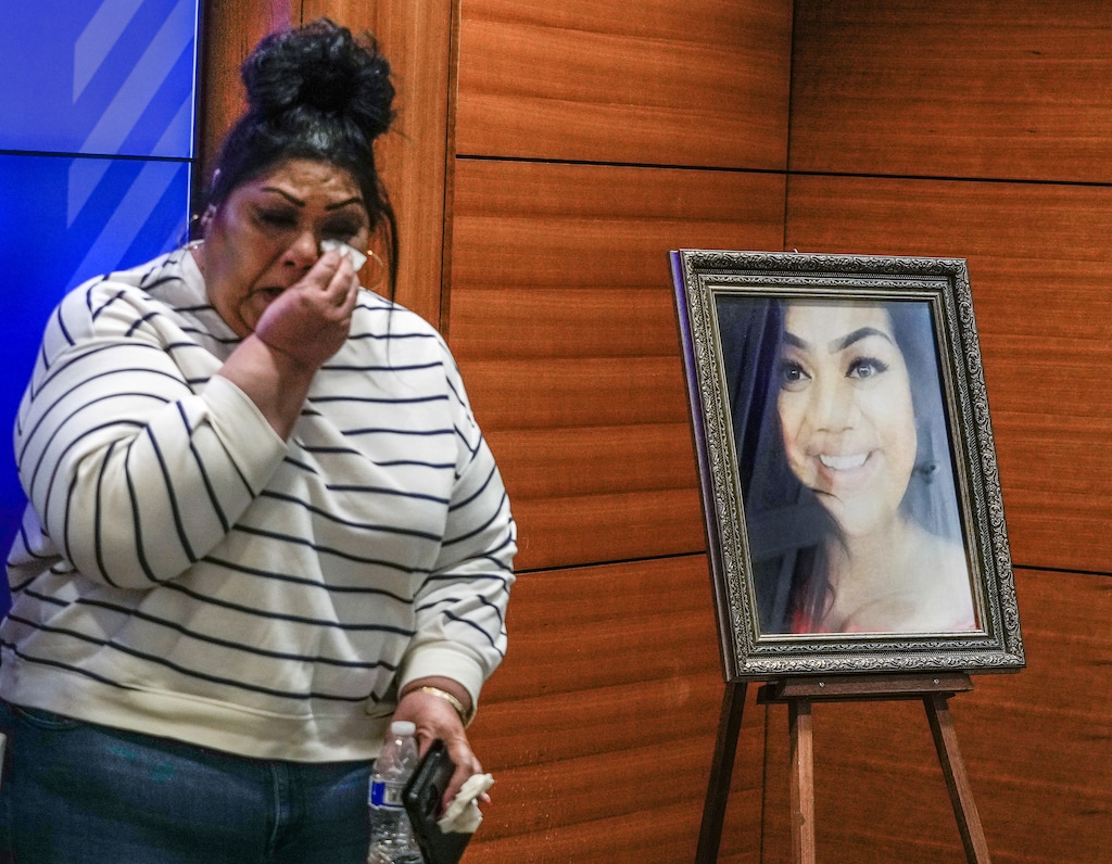 (Leah Hogsten | The Salt Lake Tribune)  Marie Leavitt, the mother of Blaire Leavitt in the photograph at right, who was shot and killed July 27, 2019 at the Apartments on the Green, 1211 N. Redwood Road pleaded for anyone who has more information regarding her daughter's homicide to come forward with that information to Salt Lake City Police Department Investigations unit during a press conference in February. On Friday, July 29, 2022, SLCPD announced the arrest of Timote Fonua, 42, who has been charged with murder and aggravated burglary in relation to the killing.
