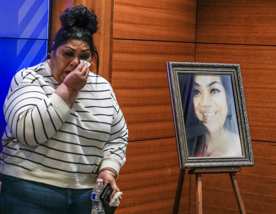 (Leah Hogsten | The Salt Lake Tribune) Marie Leavitt, the mother of Blaire Leavitt in the photograph at right, who was shot and killed July 27, 2019 at the Apartments on the Green, 1211 N. Redwood Road pleaded for anyone who has more information regarding her daughter's homicide to come forward with that information to Salt Lake City Police Department Investigations unit during a press conference in February. On Friday, July 29, 2022, SLCPD announced the arrest of Timote Fonua, 42, who has been charged with murder and aggravated burglary in relation to the killing.