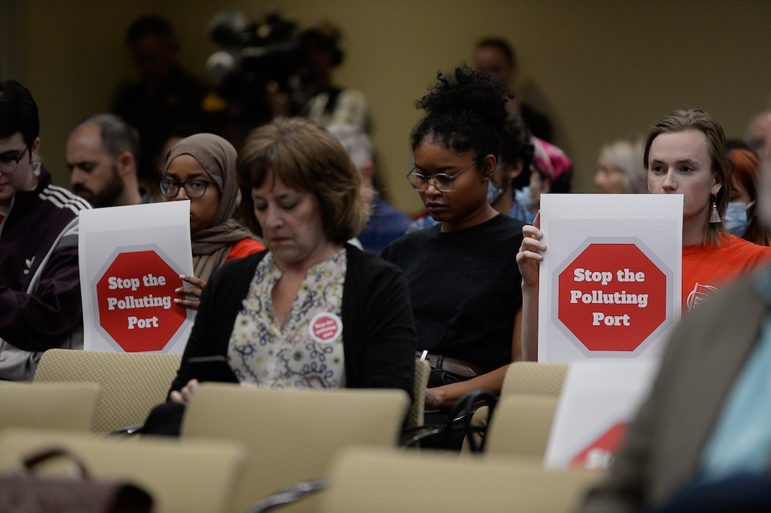 (Francisco Kjolseth  |  The Salt Lake Tribune)  People gather in opposition as the Utah Inland Port Authority meets for the first time since its June meeting was disrupted by protestors at the Utah Capitol on Thursday, Oct. 17, 2019.