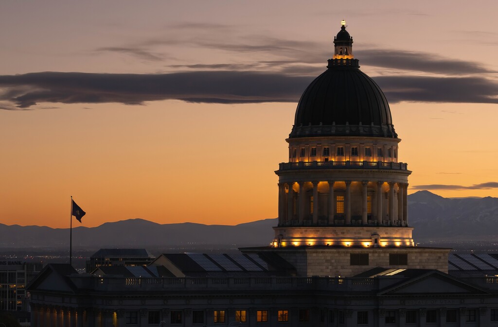 (Francisco Kjolseth  | The Salt Lake Tribune) The sun sets on the Utah Capitol on Monday, Nov. 11, 2024.