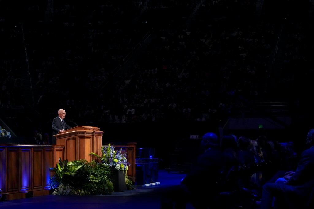 (Bethany Baker | The Salt Lake Tribune) President Dallin H. Oaks speaks at BYU in February and warns Latter-day Saints about the abundance of false information on podcasts and social media.