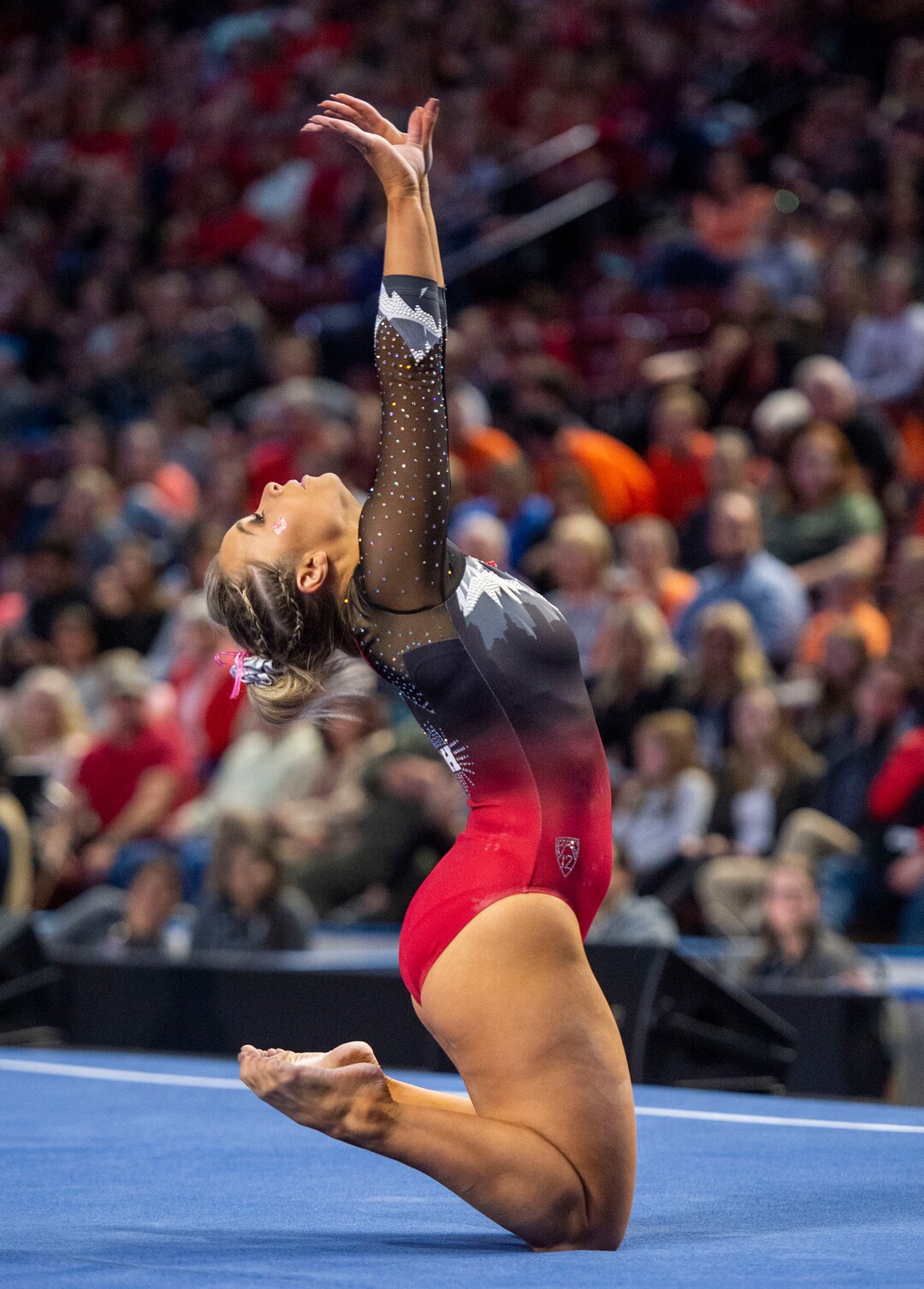 (Rick Egan  |  The Salt Lake Tribune)    Sydney Soloski competes on the floor for Utah, in the PAC-12 Gymnastics Championships at the Maverik Center, Saturday, March 23, 2019.