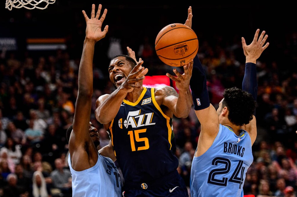 (Trent Nelson | The Salt Lake Tribune)  Utah Jazz forward Derrick Favors (15). Utah Jazz vs Memphis Grizzlies, NBA basketball in Salt Lake City on Friday Nov. 2, 2018.