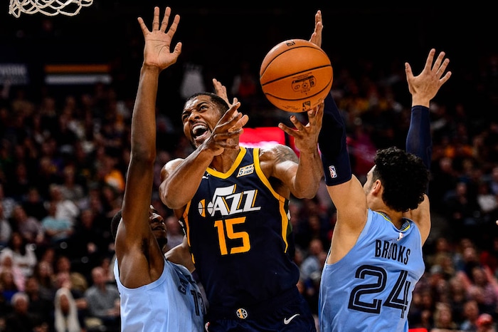 (Trent Nelson | The Salt Lake Tribune)
Utah Jazz forward Derrick Favors (15). Utah Jazz vs Memphis Grizzlies, NBA basketball in Salt Lake City on Friday Nov. 2, 2018.