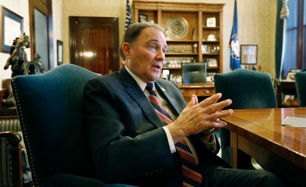 FILE - In this March 8, 2018, file photo, Utah Gov. Gary Herbert speaks during an interview at the Utah Capitol in Salt Lake City. Herbert said at his monthly televised news conference on Thursday, May 24, 2018, that he is open to changing the state's gun laws as one of other strategies to prevent violence at schools. While he supports the gun rights group's philosophy, he criticized its "heavy-handed tactics." (AP Photo/Rick Bowmer, File)
