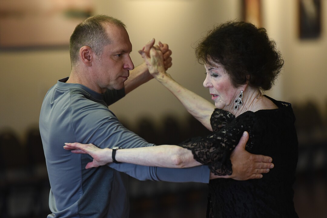 (Francisco Kjolseth  |  The Salt Lake Tribune)  Jean Woodruff, a 92-year-old who loves ballroom dancing and loves competitions, prepares for an upcoming competition with Martin Skupinski, founder of Ballroom Utah Dance Studio. Jean danced for years with her husband, and the couple taught lessons in a dance studio in their Holladay home. She stopped dancing after he had a stroke, and then died. Several years ago, she started dancing again, and now competes regularly.
