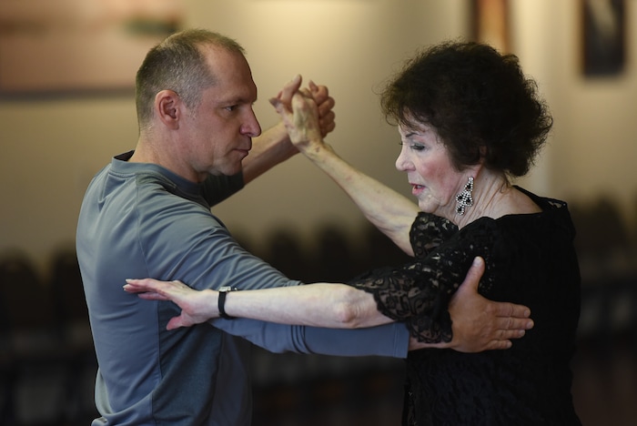 (Francisco Kjolseth | The Salt Lake Tribune) Jean Woodruff, a 92-year-old who loves ballroom dancing and loves competitions, prepares for an upcoming competition with Martin Skupinski, founder of Ballroom Utah Dance Studio. Jean danced for years with her husband, and the couple taught lessons in a dance studio in their Holladay home. She stopped dancing after he had a stroke, and then died. Several years ago, she started dancing again, and now competes regularly.