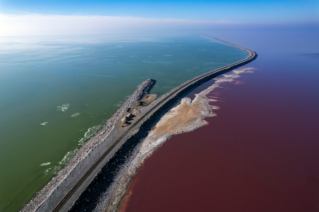 (Rick Egan | The Salt Lake Tribune) A railroad causeway divides two halves of the Great Salt Lake, pictured Friday, Dec. 29, 2023.