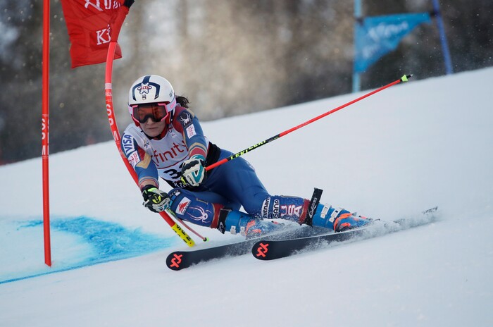 Megan McJames, of the United States, competes during her first run in the women's FIS Alpine Skiing World Cup giant slalom race, Saturday, Nov. 25, 2017, in Killington, Vt. (AP Photo/Charles Krupa)