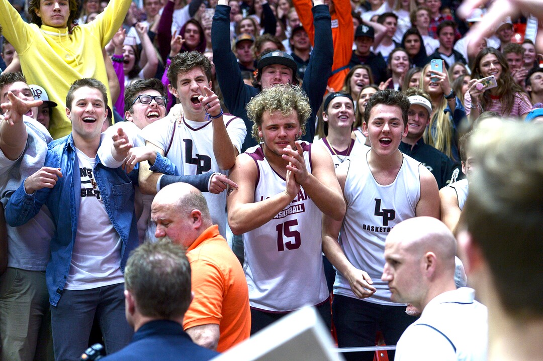(Leah Hogsten  |  The Salt Lake Tribune) Lone Peak fans celebrate the win. Lone Peak defeated Pleasant Grove 61-44 to win the 6A High School BoysÕ Basketball Tournament Championship at the Jon M. Huntsman Center in Salt Lake City, Saturday, March 3, 2018. 