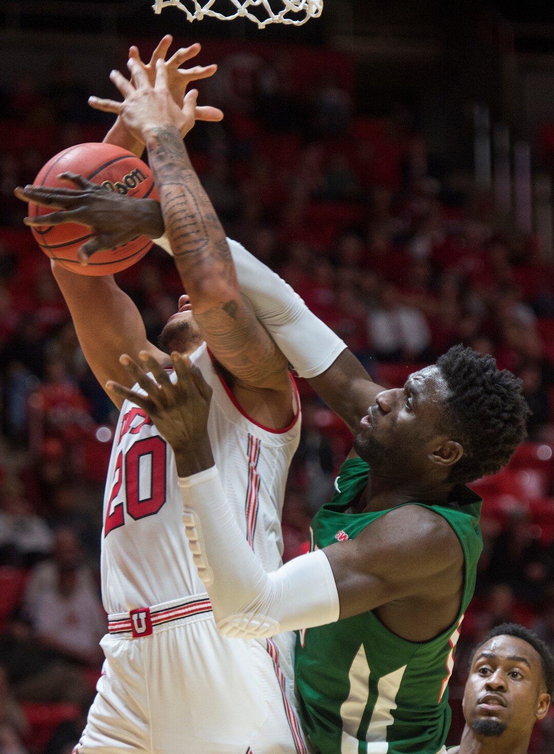 (Rick Egan  |  The Salt Lake Tribune)    Mississippi Valley State Delta Devils center Emmanuel Ejeh (10) prevents Utah Utes forward Timmy Allen (20) from scoring, in basketball action between Utah Utes and Mississippi Valley State Delta Devils at the Jon M. Huntsman Center, Thursday, Nov. 15, 2018.