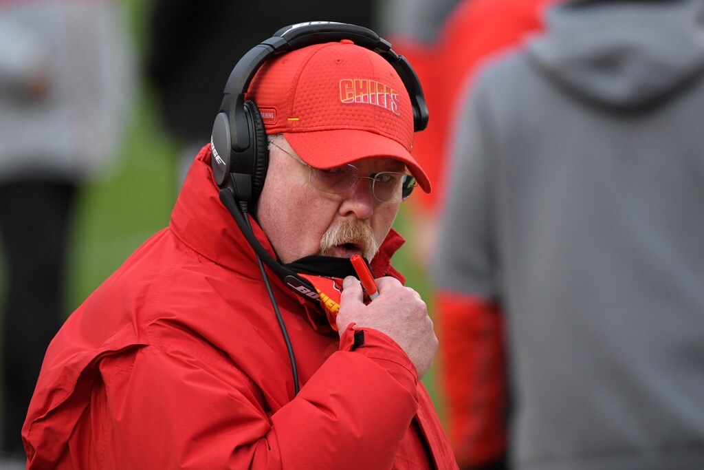 (Reed Hoffmann | AP file photo) Kansas City Chiefs head coach Andy Reid talks with players on the sideline during the first half of an NFL divisional round football game against the Cleveland Browns, Sunday, Jan. 17, 2021, in Kansas City. Reid is one of many Latter-day Saints with ties to college football and the NFL.