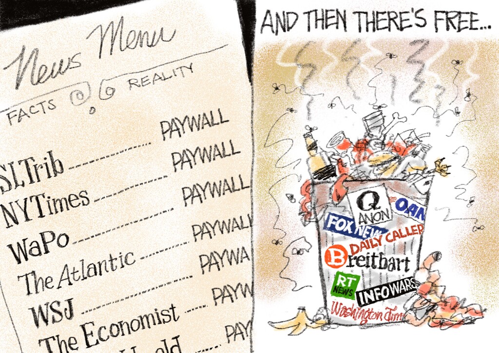 (Pat Bagley | The Salt Lake Tribune) This cartoon, titled "Quality vs Qanon," appears in The Salt Lake Tribune on Wednesday, Aug. 12, 2020.