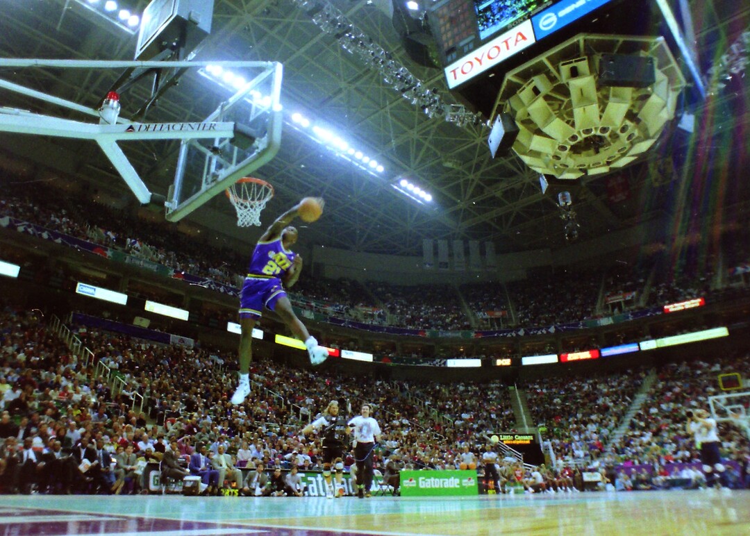 (Steve Griffin | Tribune file photo) David Benoit of the Jazz competes in the 1993 All-Star Slam Dunk Contest in the Delta Center in Salt Lake City, Saturday, Feb. 20, 1993.