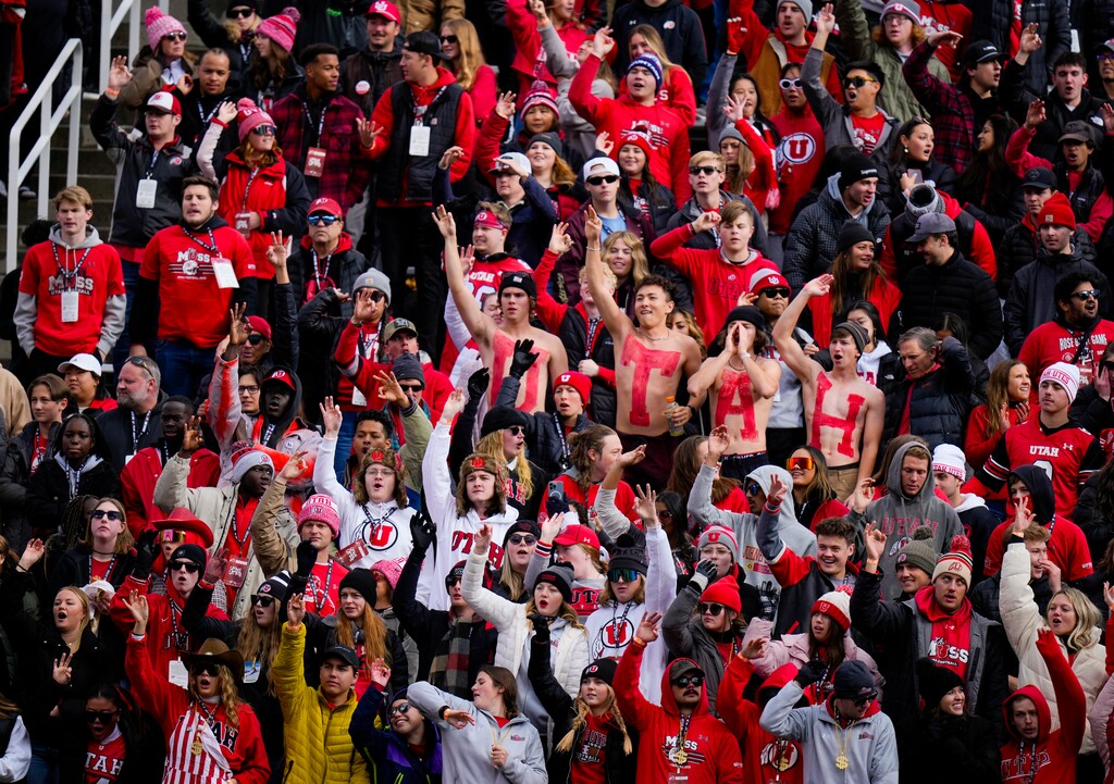 (Bethany Baker  |  The Salt Lake Tribune) Utah Utes fans cheer during the game against the Colorado Buffaloes at Rice-Eccles Stadium in Salt Lake City on Saturday, Nov. 25, 2023.