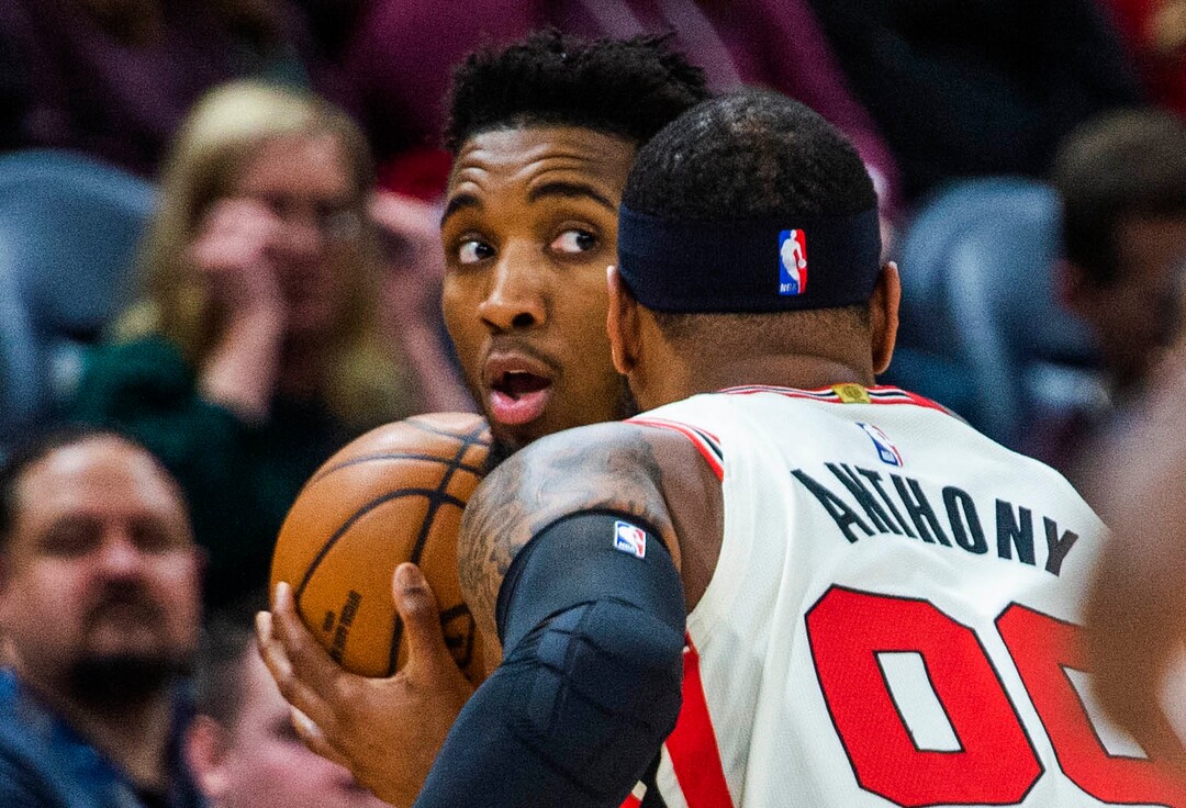 (Rick Egan  |  The Salt Lake Tribune)     Portland Trail Blazers forward Carmelo Anthony (00) guards Utah Jazz guard Donovan Mitchell (45), in NBA action between the Utah Jazz and the Portland Trail Blazers in Salt Lake City, Friday, Feb. 7, 2020.