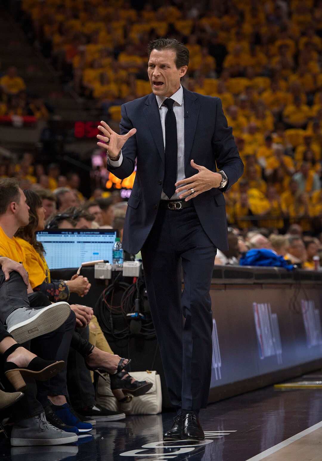 (Scott Sommerdorf | The Salt Lake Tribune)Utah Jazz head coach Quin Snyder reacts to a Thunder 3-point shot during first half play.The Thunder led the Jazz 22-18 at the end of the 1st quarter during Game 6 of the first round playoff game, Friday, April 27, 2018.
