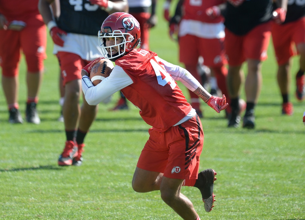 Scott Sommerdorf   |  The Salt Lake Tribune  Utah WR Samson Nacua spins after a catch during the first day of Utah fall football camp, Friday, July 28, 2017.  