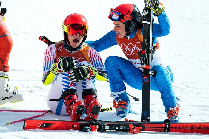 (Chris Detrick  |  The Salt Lake Tribune)  Italy's Federica Brignone, right, hugs USA's Mikaela Shiffrin as she realizes she has won the gold in the Ladies' Giant Slalom at Yongpyong Alpine Centre during the Pyeongchang 2018 Winter Olympics Thursday, Feb. 15, 2018.  Shiffrin won the event with a time of 2:20.02. Mowinckel won silver and Brignone won bronze. 