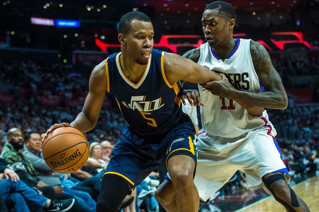 Chris Detrick  |  The Salt Lake TribuneUtah Jazz guard Rodney Hood (5) grabs the ball past LA Clippers guard Jamal Crawford (11) during Game 1 of the Western Conference at the Staples Center Saturday, April 15, 2017.  Utah Jazz defeated LA Clippers 97-95.