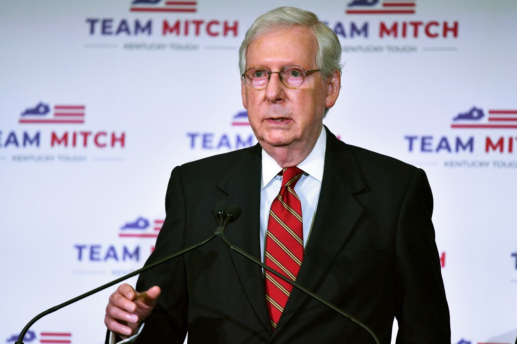 (Timothy D. Easley | AP file photo)  Senate Majority Leader Mitch McConnell, R-Ky., speaks to reporters during a press conference in Louisville, Ky., Wednesday, Nov. 4, 2020. McConnell secured a seventh term in Kentucky, fending off Democrat Amy McGrath.