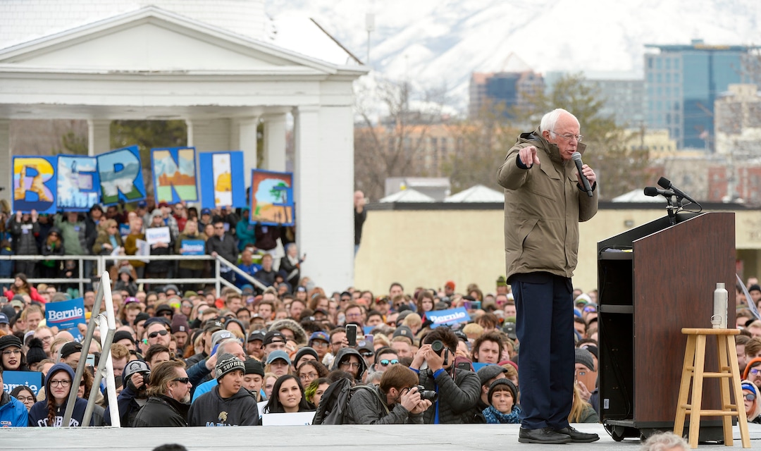 (Leah Hogsten  |  The Salt Lake Tribune) Vermont Sen. Bernie Sanders rallies his supporters at the Utah State Fairpark, Mar. 2, 2020, one day before UtahÕs Super Tuesday primary.