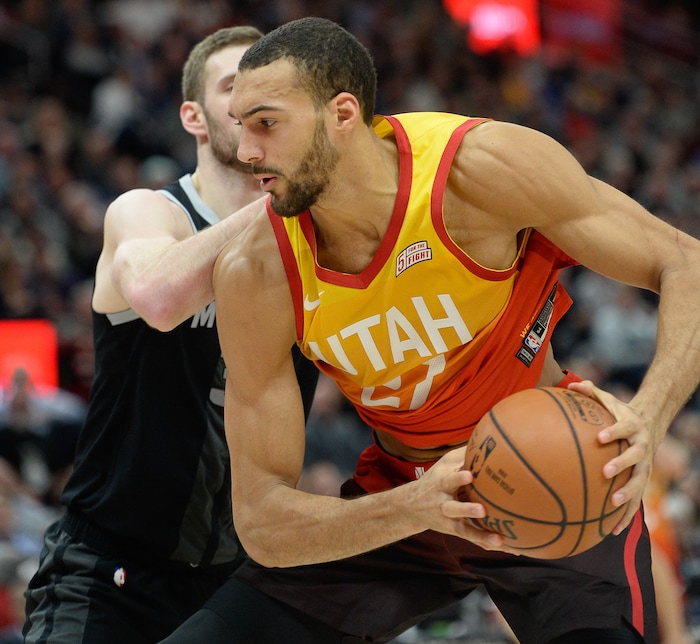 (Francisco Kjolseth  |  The Salt Lake Tribune)  Utah Jazz center Rudy Gobert (27) moves past the Detroit Pistons during the second half of an NBA basketball game Monday, Jan. 14, 2019, in Salt Lake City.
