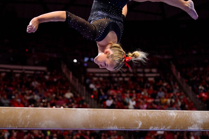 (Trent Nelson  |  The Salt Lake Tribune) Abby Paulson on the beam as the University of Utah hosts Arizona State, NCAA gymnastics in Salt Lake City on Friday, Jan. 24, 2020.