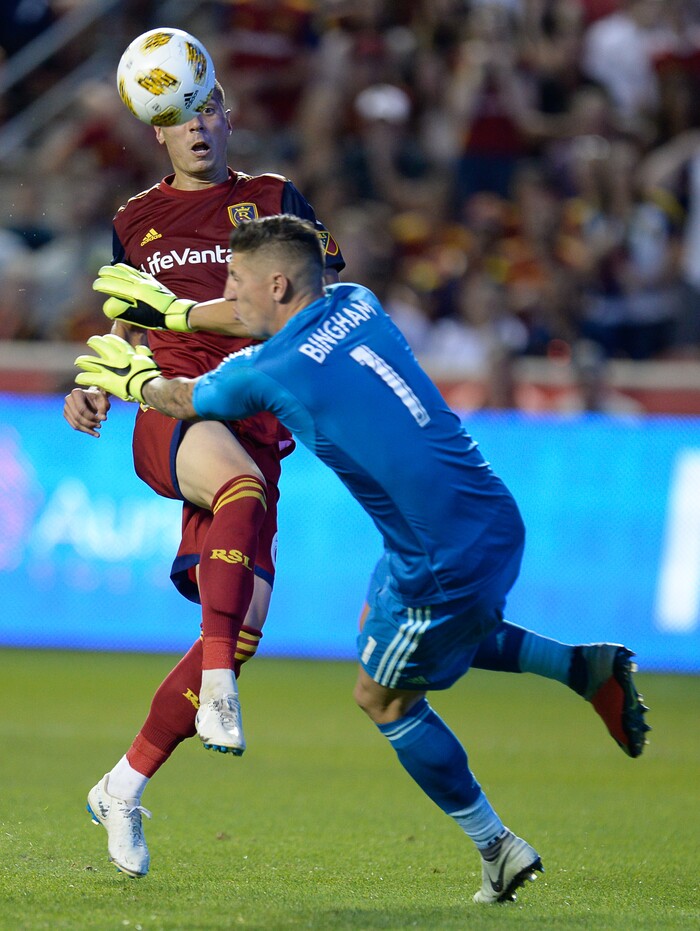(Francisco Kjolseth  |  The Salt Lake Tribune)  Real Salt Lake midfielder Damir Kreilach (6) gets the ball over Los Angeles Galaxy goalkeeper David Bingham (1) before heading it in for his first goal during the first half of the MLS soccer match Saturday, Sept. 1, 2018, in Sandy at Rio Tinto Stadium.