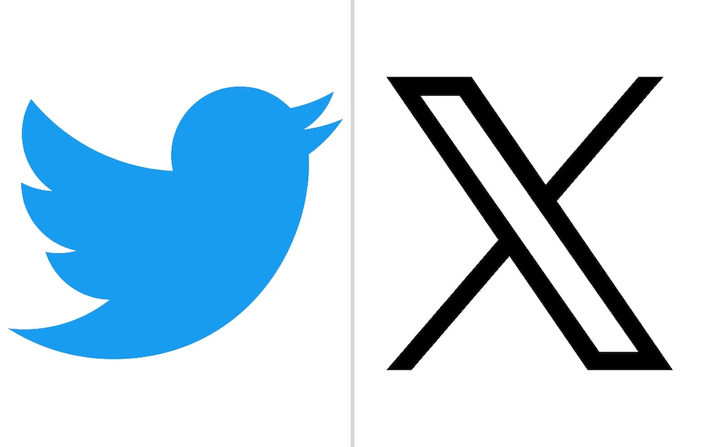 The old logo of Twitter and the new logo of X.
