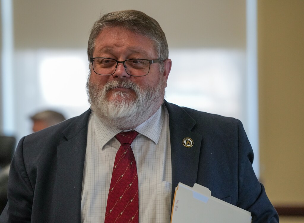 (Chris Samuels | The Salt Lake Tribune) Rep. Colin Jack, R-St. George, during a meeting of the House Public Utilities, Energy and Technology Committee at the Capitol, Monday, Jan. 29, 2024. Jack told colleagues that coal-fired power plants act like "giant air filters" and clean the air.
