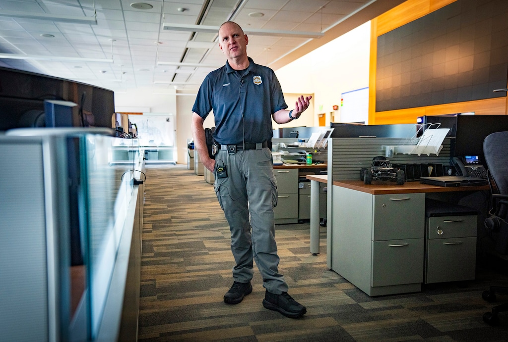 (Rick Egan | The Salt Lake Tribune) Detective Mike Ruff talks about the Real-Time Crime Center at the Salt Lake City Police Department on Monday, Sept. 21, 2026.
