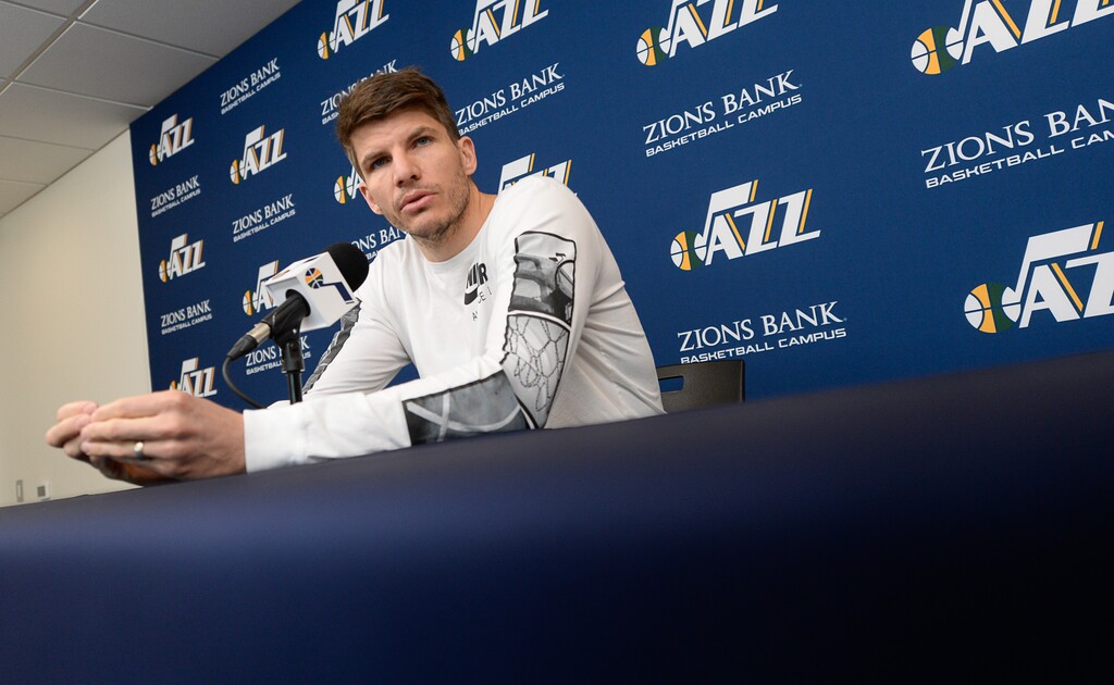 (Francisco Kjolseth | The Salt Lake Tribune) Kyle Korver of the Utah Jazz speaks with the media following their season-ending game at the team practice facility on Thursday, April 25. 2019.